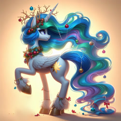 Size: 1024x1024 | Tagged: prompter needed, safe, edit, editor:flammerfime, imported from derpibooru, princess celestia, alicorn, pony, ai content, ai generated, antlers, backlighting, bauble, butt, christmas ornament, christmas outfit, colored hooves, decoration, female, folded wings, g4, generator:dall-e 3, gradient background, horn, looking back, mare, plot, raised hoof, ribbon, solo, three quarter view, unshorn fetlocks, windswept mane, wings, wreath