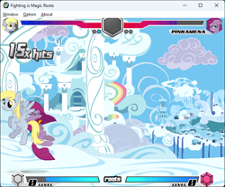 Size: 642x532 | Tagged: safe, artist:fimroots, imported from derpibooru, derpy hooves, pinkie pie, earth pony, pegasus, fighting is magic, cloudsdale, female, flying, g4, game screencap, mare, pinkamena diane pie, weather factory