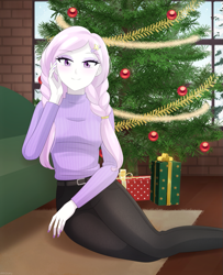 Size: 813x1000 | Tagged: safe, artist:riouku, imported from derpibooru, fleur-de-lis, human, equestria girls, alternate hairstyle, belt, braid, brick wall, christmas, christmas lights, christmas tree, clothes, cute, denim, equestria girls-ified, eyeshadow, female, fingernails, g4, hairclip, holiday, indoors, jeans, long sleeves, looking at you, makeup, nail polish, pants, pigtails, present, smiling, smiling at you, sweater, tree, turtleneck, twintails, window
