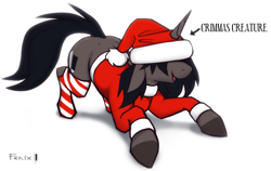 Size: 1392x881 | Tagged: safe, artist:fenixdust, imported from derpibooru, oc, oc only, oc:ivy, pony, unicorn, christmas, clothes, commission, female, hat, holiday, mare, santa hat, simple background, socks, solo, stockings, striped socks, thigh highs, white background, ych example, your character here