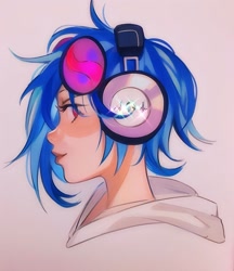Size: 1080x1249 | Tagged: safe, artist:chloe dawn, imported from derpibooru, dj pon-3, vinyl scratch, human, bust, clothes, female, g4, gradient background, headphones, hoodie, humanized, portrait, profile, red eyes, solo, vinyl's glasses