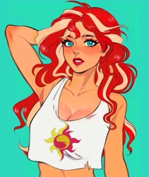 Size: 1080x1282 | Tagged: safe, alternate version, artist:chloe dawn, imported from derpibooru, sunset shimmer, human, arm behind head, belly button, breasts, busty sunset shimmer, cleavage, clothes, cutie mark, cutie mark on clothes, female, freckles, g4, humanized, midriff, simple background, solo, tanktop, teal background, torn clothes