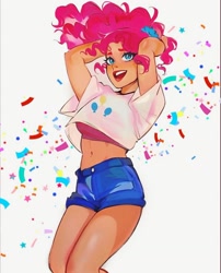 Size: 1080x1337 | Tagged: safe, artist:chloe dawn, imported from derpibooru, pinkie pie, human, abstract background, arm behind head, belly button, clothes, confetti, cutie mark, cutie mark on clothes, denim, denim shorts, female, g4, humanized, midriff, open mouth, open smile, ponytail, shorts, smiling, solo