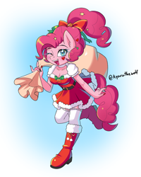 Size: 1403x1758 | Tagged: safe, artist:melliedraws, imported from derpibooru, pinkie pie, anthro, alternate hairstyle, christmas, clothes, costume, g4, hat, holiday, monochrome, open mouth, santa costume, santa hat, santa sack, socks, thigh highs