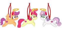 Size: 1200x600 | Tagged: source needed, safe, artist:mlpfan3991, imported from derpibooru, apple bloom, scootaloo, sweetie belle, earth pony, pegasus, pony, unicorn, base used, christmas, christmas ornament, cutie mark crusaders, decoration, female, filly, foal, g4, halo, holiday, simple background, transparent background