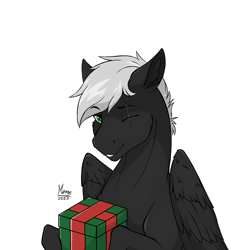 Size: 1514x1514 | Tagged: safe, artist:monolith_skyline, imported from derpibooru, oc, pegasus, pony, christmas, commission, holiday, looking at you, male, one eye closed, one eye open, pegasus oc, present, smiling, smiling at you, wings, ych result, your character here