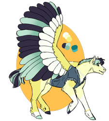 Size: 1800x2000 | Tagged: safe, artist:kitschykricket, imported from derpibooru, oc, oc only, unnamed oc, pegasus, pony, anatomically incorrect, bracelet, butt fluff, cheek fluff, chest fluff, clothes, coat markings, color palette, colored wings, denim, denim jacket, ear fluff, ear piercing, earring, facial markings, freckles, hooves, incorrect leg anatomy, jacket, jewelry, leg feathers, magical lesbian spawn, male, mismatched hooves, multicolored hooves, multicolored wings, neck fluff, necklace, nudity, offspring, orange background, pale belly, parent:coloratura, parent:songbird serenade, pastern (coat markings), piercing, sheath, simple background, socks (coat markings), solo, spread wings, stallion, stripe (coat marking), transparent background, vest, wings
