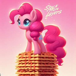 Size: 351x351 | Tagged: safe, imported from derpibooru, pinkie pie, earth pony, pony, ai content, ai generated, food, generator:dall-e 3, meme, ponified, ponified meme, solo, tower, waffle