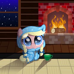 Size: 892x895 | Tagged: safe, artist:spellboundcanvas, imported from derpibooru, oc, oc only, oc:merry bliss, earth pony, braid, chocolate, clothes, cute, female, fire, fireplace, food, footed sleeper, footie pajamas, hot chocolate, mare, onesie, pajamas, smol, snow, solo, window, young