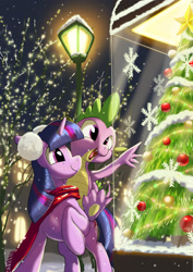 Size: 2480x3508 | Tagged: safe, artist:neoshrek, imported from derpibooru, spike, twilight sparkle, dragon, pony, unicorn, christmas, christmas tree, clothes, dragons riding ponies, duo, earmuffs, female, g4, holiday, lamppost, looking at something, male, mare, night, riding, scarf, smiling, snow, snowfall, snowflake, spike riding twilight, tree, unicorn twilight