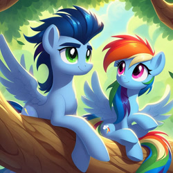 Size: 1024x1024 | Tagged: safe, imported from derpibooru, rainbow dash, soarin', ai content, ai generated, female, g4, generator:bing image creator, male, prompter:*rainbow dash*, ship:soarindash, shipping, sitting in a tree, smiling, spread wings, straight, tree, wings