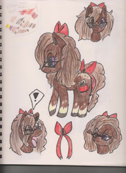 Size: 900x1236 | Tagged: safe, artist:razzle-the-dazzle, imported from derpibooru, oc, oc only, oc:moca coco, earth pony, pony, 2012, appaloosa, bow, bust, closed mouth, coat markings, colored hooves, exclamation point, female, floppy ears, freckles, frown, glasses, hair bow, mare, open mouth, portrait, purple eyes, shocked, side view, simple background, smiling, socks (coat markings), speech bubble, tail, tail bow, traditional art, unshorn fetlocks, white background