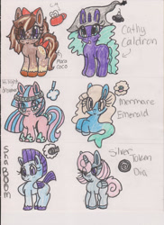 Size: 900x1236 | Tagged: safe, artist:razzle-the-dazzle, imported from derpibooru, oc, oc only, oc:cathy cauldron, oc:hilight dreamer, oc:mermare emerald, oc:moca coco, oc:sha boom, oc:silver token diamond, alicorn, earth pony, merpony, pegasus, pony, unicorn, 2012, :o, alicorn oc, appaloosa, bow, closed mouth, coat markings, colored hooves, colored wings, colored wingtips, cyan eyes, earth pony oc, female, folded wings, glasses, group, hair bow, hat, headband, horn, mare, mohawk, open mouth, pegasus oc, purple eyes, raised hoof, sextet, simple background, smiling, socks (coat markings), standing, tail, tail bow, traditional art, unicorn oc, unshorn fetlocks, white background, wings, witch hat