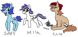 Size: 1084x515 | Tagged: safe, artist:matoimiia, imported from derpibooru, oc, oc only, oc:clioaite, oc:ladysaffronvt, oc:matoimiia, oc:miioid, dragon, pony, 1000 hours in ms paint, beanie, female, females only, hat, looking at you, ponified, sitting, standing, vtuber