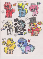 Size: 900x1236 | Tagged: safe, artist:razzle-the-dazzle, imported from derpibooru, oc, oc only, oc:cherry blossom, oc:honey, oc:ring leader, oc:ruby comet, oc:sew, oc:shooting star, oc:sugar pie, oc:thunder clops, alicorn, earth pony, pegasus, unicorn, zebra, zebrasus, 2012, alicorn oc, blue eyes, blush lines, blushing, broken horn, brown eyes, closed mouth, clothes, colored hooves, cyan eyes, earth pony oc, female, filly, foal, folded wings, hair over eyes, horn, male, male alicorn, male alicorn oc, mare, open mouth, open smile, pegasus oc, purple eyes, raised hoof, red eyes, skirt, smiling, stallion, standing, traditional art, unicorn oc, unshorn fetlocks, wings, yellow eyes