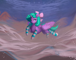 Size: 6056x4784 | Tagged: safe, artist:yasu, imported from derpibooru, screencap, oc, alicorn, fly, insect, background, blue eyes, bow, clothes, cloud, commission, commission example, commission open, flying, full body, green hair, hair bow, pink bow, purple body, render, socks, solo