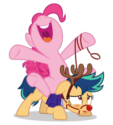 Size: 5000x5500 | Tagged: safe, artist:gypsykumquat, imported from derpibooru, pinkie pie, oc, oc:fiery stamp, deer, earth pony, pony, reindeer, .svg available, absurd resolution, animal costume, antlers, blushing, canon x oc, christmas, clothes, costume, duo, duo female, face down ass up, female, g4, headband, holiday, inkscape, leash, reindeer antlers, reindeer costume, riding, riding a pony, show accurate, simple background, smiling, submissive, svg, transparent background, vector