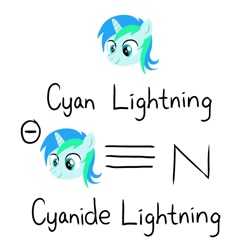 Size: 768x768 | Tagged: safe, artist:flutterthread8, imported from derpibooru, oc, oc only, oc:cyan lightning, pony, unicorn, chemicals, chemistry, colt, cyanide, foal, head only, male, science, simple background, text