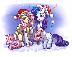 Size: 3500x2800 | Tagged: safe, artist:konejo, imported from derpibooru, fluttershy, rarity, pony, unicorn, blushing, christmas, clothes, commission, cute, duo, duo female, ear fluff, eyebrows, female, g4, glowing, glowing horn, hat, high res, holiday, hoof hold, horn, leg warmers, levitation, magic, magic aura, mare, partially open wings, raised hoof, raribetes, santa hat, shyabetes, sitting, socks, striped socks, telekinesis, wings