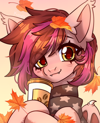 Size: 2776x3400 | Tagged: safe, artist:konejo, imported from derpibooru, oc, oc only, bat pony, pony, bat pony oc, bat wings, clothes, cup, cute, ear fluff, eye clipping through hair, eyebrows, eyebrows visible through hair, falling leaves, fangs, high res, hoof hold, leaves, looking at you, ocbetes, scarf, smiling, smiling at you, solo, wings