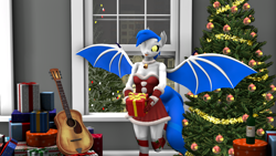 Size: 1920x1080 | Tagged: safe, artist:zakarnokart, imported from derpibooru, oc, oc only, oc:kyra, anthro, 3d, 3d model, andalusia, boop, breasts, christmas, coat markings, demonpony, female, holiday, mare, present, raised hoof