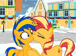 Size: 4296x3143 | Tagged: safe, artist:shieldwingarmorofgod, imported from derpibooru, sunset shimmer, oc, oc:flare spark, pegasus, pony, unicorn, canon x oc, christmas, female, g4, holiday, kissing, lesbian, shipping, shipping:flareset