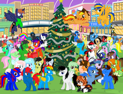 Size: 10500x7963 | Tagged: safe, artist:creedyboy124, imported from derpibooru, fluttershy, rainbow dash, oc, oc:andrew, oc:chloe park, oc:ej, oc:firey ratchet, oc:flare spark, oc:gregory griffin, oc:jade harmony, oc:jemimasparkle, oc:mickey motion, oc:princess kincade, oc:sadie park, oc:shane park, oc:sharp stars, oc:shield wing, oc:star armour, oc:star heart, oc:stephen (stephen-fisher), oc:sunlight mist, oc:sweetheart, oc:train track, alicorn, earth pony, pegasus, pony, unicorn, canterlot, christmas, christmas tree, city, female, hearth's warming, holiday, male, the fire lightning squad, tree