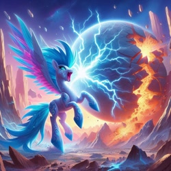 Size: 1024x1024 | Tagged: safe, imported from derpibooru, lightning bolt, white lightning, zipp storm, pegasus, pony, ai content, ai generated, earth destruction, electricity, explosion, fire, g5, lightning, stunned, universe