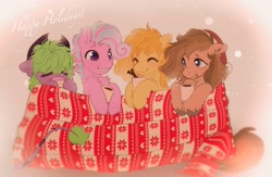 Size: 3424x2236 | Tagged: safe, artist:draw3, imported from derpibooru, oc, oc:caramel drop, oc:somber gale, oc:sweetie swirl, oc:thistle plumberry, bat pony, cow, bat pony oc, bat wings, blanket, chocolate, christmas, coffee, cowboy hat, fangs, food, group, hat, hearth's warming, holiday, hooves, hot chocolate, santa hat, text, wings