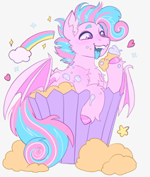 Size: 3046x3599 | Tagged: source needed, safe, artist:draw3, imported from derpibooru, oc, oc:sweetie swirl, bat pony, bat pony oc, bat wings, blue tongue, cupcake, cute, femboy, food, frosting, male, multicolored hair, rainbow, solo, wings