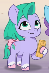 Size: 699x1048 | Tagged: safe, imported from derpibooru, screencap, earth pony, pegasus, pony, spoiler:g5, spoiler:my little pony: tell your tale, spoiler:tyts01e28, bow, cellphone, cropped, female, filly, foal, g5, glory (g5), looking up, my little pony: tell your tale, offscreen character, outdoors, phone, pippsqueaks, pippsqueaks forever, seashell (g5), smartphone, solo focus, tail, tail bow, unshorn fetlocks