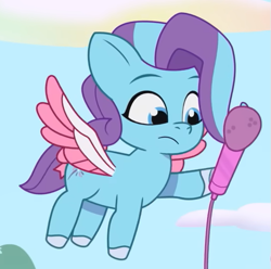 Size: 537x533 | Tagged: safe, imported from derpibooru, screencap, pegasus, pony, spoiler:g5, spoiler:my little pony: tell your tale, spoiler:tyts01e28, bow, cropped, female, filly, flying, foal, frown, g5, glory (g5), microphone, my little pony: tell your tale, outdoors, pippsqueaks, pippsqueaks forever, solo, spread wings, tail, tail bow, wings