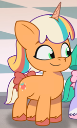 Size: 624x1043 | Tagged: safe, imported from derpibooru, screencap, earth pony, pony, unicorn, spoiler:g5, spoiler:my little pony: tell your tale, spoiler:tyts01e70, animation error, bow, cropped, female, filly, foal, g5, horn, my little pony: tell your tale, offscreen character, peach fizz, pippsqueaks, seashell (g5), smiling, snow business like show business, solo focus, tail, tail bow, unshorn fetlocks