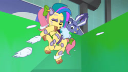 Size: 3072x1727 | Tagged: safe, imported from derpibooru, screencap, posey bloom, earth pony, pony, rabbit, spoiler:g5, spoiler:my little pony: tell your tale, spoiler:tyts01e70, :o, allura, animal, duo, eyes closed, female, g5, green screen, mare, my little pony: tell your tale, open mouth, snow business like show business, twitch (g5)