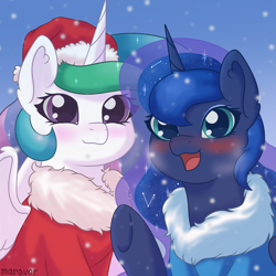 Size: 1500x1500 | Tagged: safe, artist:maravor, imported from derpibooru, princess celestia, princess luna, alicorn, pony, christmas, clothes, costume, female, g4, hat, holiday, mare, santa costume, santa hat, smiling