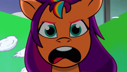 Size: 3072x1727 | Tagged: safe, imported from derpibooru, screencap, sunny starscout, earth pony, pony, spoiler:g5, spoiler:my little pony: tell your tale, spoiler:tyts01e70, female, g5, green screen, mare, my little pony: tell your tale, open mouth, snow business like show business, solo