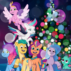 Size: 1080x1080 | Tagged: safe, imported from derpibooru, hitch trailblazer, izzy moonbow, pipp petals, sunny starscout, zipp storm, dragon, earth pony, pegasus, pony, unicorn, applejack (g5), baby, baby dragon, christmas, christmas tree, cute, female, fluttershy (g5), flying, g5, holiday, izzybetes, looking at you, male, mane five, mane six (g5), mare, misty brightdawn, my little pony: tell your tale, official, open mouth, open smile, pinkie pie (g5), rainbow dash (g5), rarity (g5), rebirth misty, royal sisters (g5), siblings, sisters, smiling, smiling at you, sparky sparkeroni, spread wings, stallion, sunnybetes, tree, twilight sparkle (g5), wings