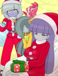 Size: 1825x2371 | Tagged: safe, artist:batipin, imported from derpibooru, limestone pie, marble pie, maud pie, pinkie pie, human, equestria girls, breasts, busty maud pie, christmas, clothes, costume, equestria girls-ified, eyes closed, hat, holiday, santa claus, santa costume, santa hat, santa sack