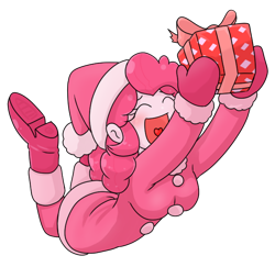 Size: 654x636 | Tagged: safe, alternate version, artist:batipin, imported from derpibooru, part of a set, pinkie pie, human, equestria girls, breasts, christmas, christmas presents, clothes, costume, eyes closed, hat, holiday, looking at you, open mouth, santa costume, santa hat, simple background, transparent background