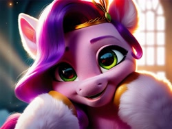 Size: 4096x3072 | Tagged: prompter needed, safe, imported from derpibooru, pipp petals, pegasus, pony, adorapipp, ai content, ai generated, chest fluff, crown, cute, ear fluff, g5, generator:pony diffusion v6 xl, generator:purplesmart.ai, generator:stable diffusion, hoof fluff, jewelry, looking at you, regalia, show accurate, smiling, solo, wings