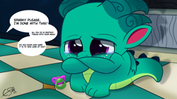 Size: 1920x1080 | Tagged: safe, artist:cobaltskies002, imported from derpibooru, dragon, baby, baby dragon, collaboration:sad my little pony g5, crying, dialogue, fetal position, g5, implied hitch trailblazer, male, offscreen character, pacifier, solo, sparky sparkeroni, speech bubble