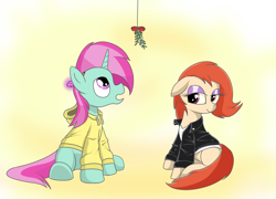 Size: 2500x1800 | Tagged: safe, artist:amateur-draw, imported from derpibooru, oc, oc only, oc:belle boue, oc:phosphor flame, earth pony, unicorn, christmas, clothes, female, holiday, hoodie, jacket, leather, leather jacket, makeup, male, mare, mistletoe, shirt, simple background, sombra's pencil, stallion