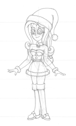 Size: 2106x3510 | Tagged: safe, artist:supra80, imported from derpibooru, fluttershy, human, equestria girls, boots, breasts, christmas, christmas outfit, clothes, collar, costume, dress, female, hat, holiday, monochrome, pencil drawing, santa costume, santa hat, shoes, solo, solo female, traditional art