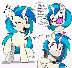 Size: 2412x2284 | Tagged: safe, artist:icey, imported from derpibooru, dj pon-3, vinyl scratch, pony, unicorn, commission, compact cassette, dialogue, ear flick, female, g4, headphones, magic, mare, mixtape, simple background, solo, white background