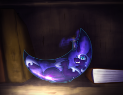 Size: 2386x1853 | Tagged: safe, artist:gosha305, imported from derpibooru, nightmare moon, alicorn, pony, antagonist, armor, book, bookshelf, bottle, curved horn, dark, ethereal mane, fangs, female, folded wings, g4, galaxy mane, helmet, hoof shoes, horn, jewelry, looking at you, mare, micro, nightmare moon armor, princess shoes, regalia, smiling, smiling at you, solo, staring at you, teeth, villainess, wings