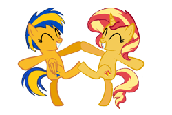 Size: 1200x800 | Tagged: safe, artist:mlpfan3991, imported from derpibooru, sunset shimmer, oc, oc:flare spark, pegasus, unicorn, bipedal, canon x oc, dancing, eyes closed, female, g4, lesbian, ship:flareset, shipping, simple background, smiling, transparent background