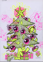 Size: 4000x5674 | Tagged: safe, artist:ja0822ck, imported from derpibooru, pony, unicorn, christmas, christmas tree, female, holiday, mare, ponified, present, singing, traditional art, tree