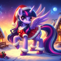 Size: 1024x1024 | Tagged: prompter needed, safe, imported from derpibooru, twilight sparkle, alicorn, pony, ai content, ai generated, bench, christmas, clothes, costume, female, full moon, g4, generator:dall-e 3, hat, holiday, hoof boots, house, looking sideways, mare, moon, night, night sky, one leg raised, present, santa costume, santa hat, sky, snow, solo, spread wings, stars, twilight sparkle (alicorn), wings, winter, wrong cutie mark