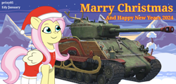 Size: 1920x920 | Tagged: safe, artist:edy_january, artist:prixy05, imported from derpibooru, fluttershy, pegasus, pony, christmas, clothes, costume, g4, g4 to g5, g5, generation leap, hat, holiday, m4 sherman, m4a3e8, my little pony: tell your tale, rudolph (sherman tank), santa costume, santa hat, sherman (tank), simple background, socks, solo, stockings, tank (vehicle), thigh highs, world of tanks, world of tanks blitz