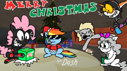 Size: 1280x720 | Tagged: safe, artist:dragonboi471, artist:rainbowdashsmailbag, imported from derpibooru, rainbow dash, oc, oc:albino pie, oc:bedlam, oc:jerky hooves, oc:pinkie tai, pony, airhorn, chocolate, christmas, eggnog, food, holiday, hot chocolate, mountain dew